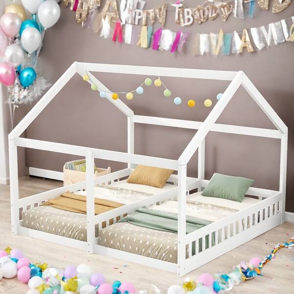 slide 2 of 8, Kids and Baby Twin Size House Shaped Platform Beds,Two Shared Beds White
