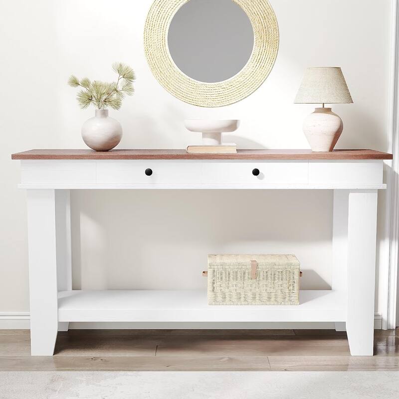 2 Tier Farmhouse Entryway Table, Console Table with 2 Storage Drawers