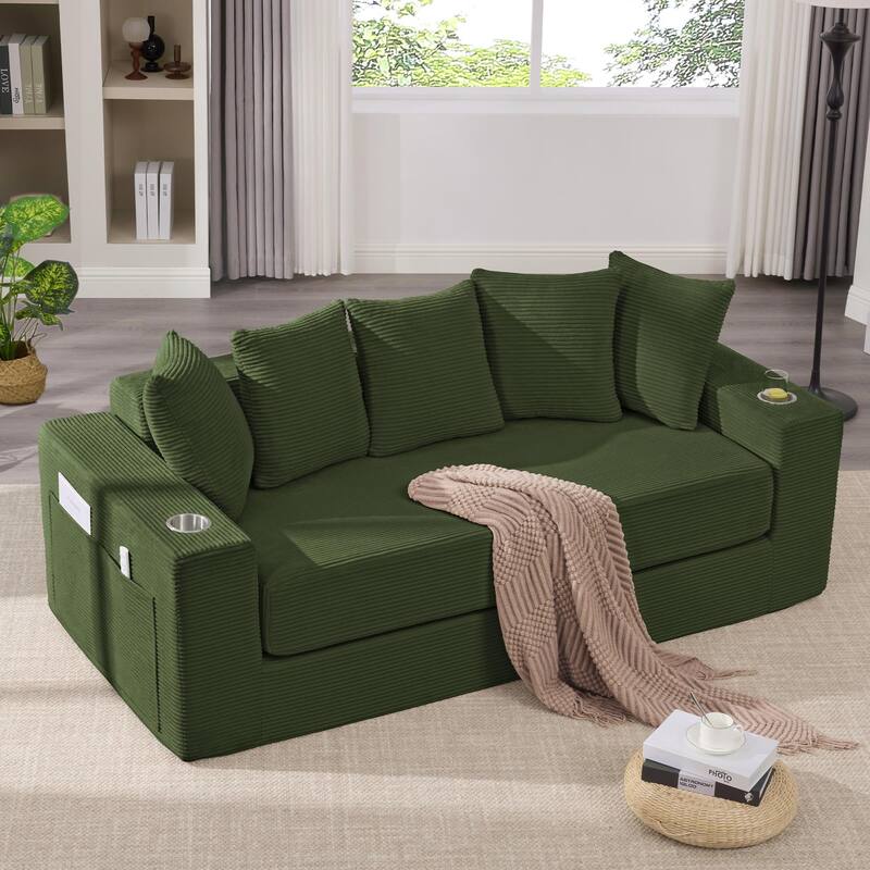 2-in-1 Convertible Sleeper Sofa, Floor Folding Couch, Sofa Bed with Side Pocket, Pull Out Loveseat with Cup Holders