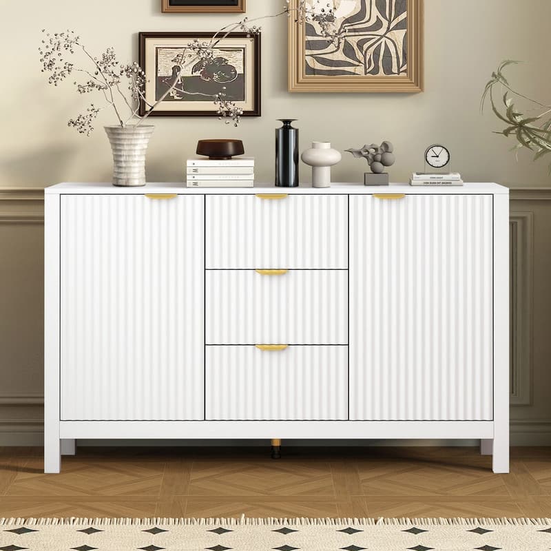 Entryway Buffet Cabinet with Wave 2-Door and 3 Drawers, Adjustable Shelves for Stylish Storage - White