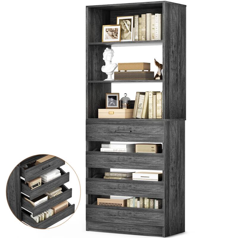 21.3" Storage Cabinet Bookshelf with Charging Station and 3 Wood Drawers, Freestanding Closet System with Storage Shelves