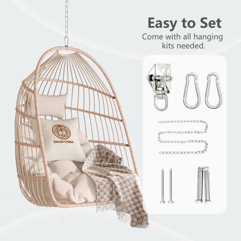 Hanging Chair PE Hanging Chair with Stainless Steel Suspension kit, Outdoor Garden Rattan Egg Swing Chair with Cushion