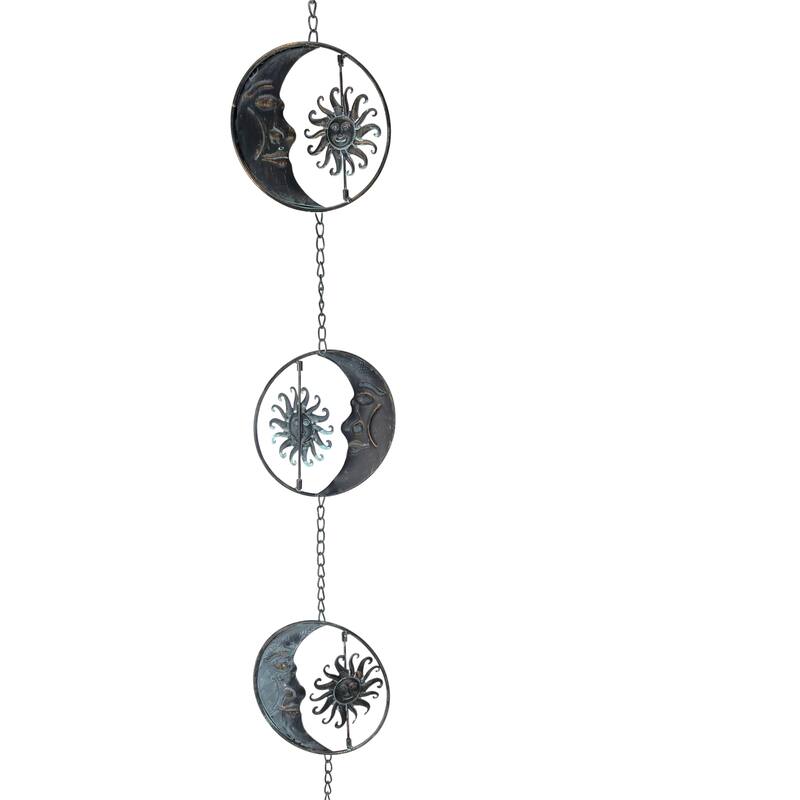 80-Inch Metal Rain Chain - 6 Celestial Crescent Moon & Suns, Verdigris - 6 X 80 X 6 inches