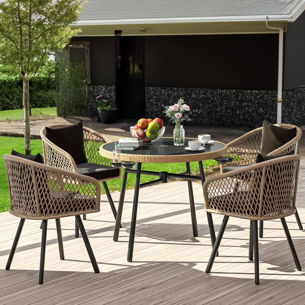 Moasis 5-Piece Outdoor Dining Set with Umbralle Hole Rattan Patio Dinging Set - 35"L x 35"W x 31.1"H