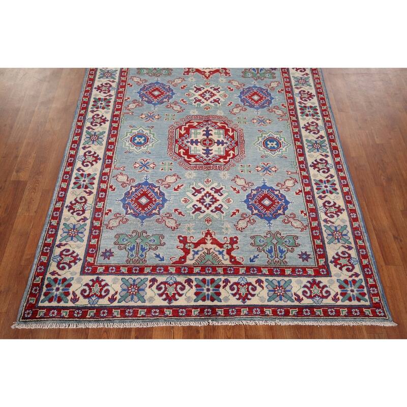 Blue Geometric Kazak Oriental Area Rug Hand-Knotted Wool Carpet - 5'0" x 6'6"