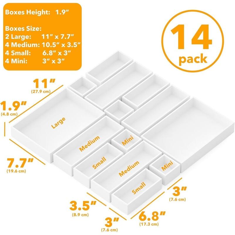 14-Piece Bamboo Drawer Organizer Storage Boxes Set, Wood Tray Junk Drawer Organizers Multi-Use Divider Bins