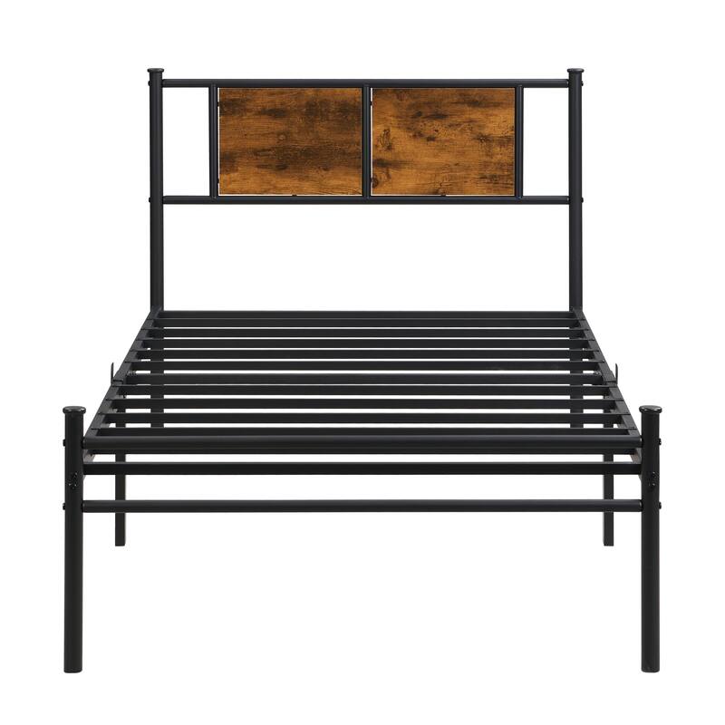 Metal Platform Bed Frame with Headboard and Wood Panel Decoration, Twin, Full, and Queen Sizes Bedroom Furniture