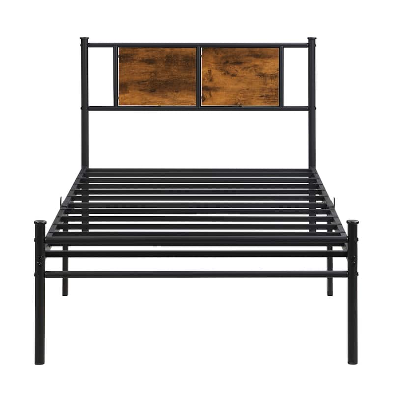 Twin Size Metal Platform Bed with Wood Panel Headboard and Under-Bed Storage