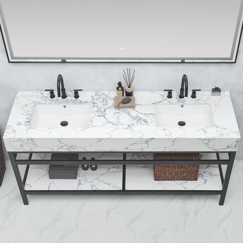 Ecija Bath Vanity, Metal Support with Composite Stone Top and Mirror