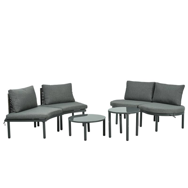 6-Piece Patio Half Moon Sofa Set with Coffee Tables, 4 Pillows & Cushions