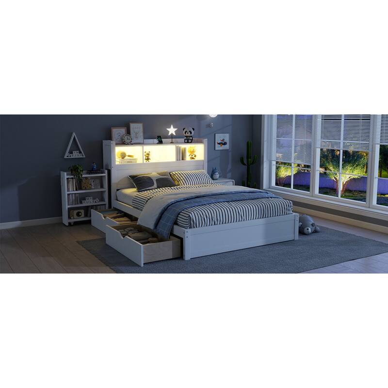 Roomfitters Twin/Full Platform Bed, LED Bookcase Headboard and Pull Out Storage Drawers with Wooden Frame for Bedrooms
