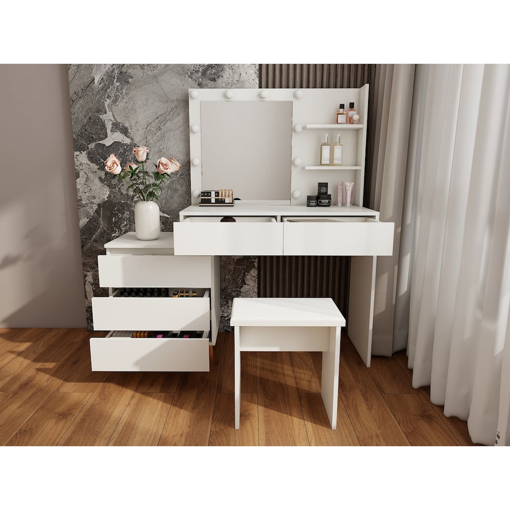 LED Lighted Makeup Vanity Table with Mirror - with Storage Drawers, Matching Stool, and Organizing Compartments