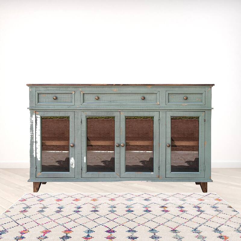 HomeRoots 70" Green Solid and Manufactured Wood Distressed Credenza - 70.00 in. x 43.00 in. x 17.75 in. - 70.00 in. x 43.00 in.  x 17.75 in.
