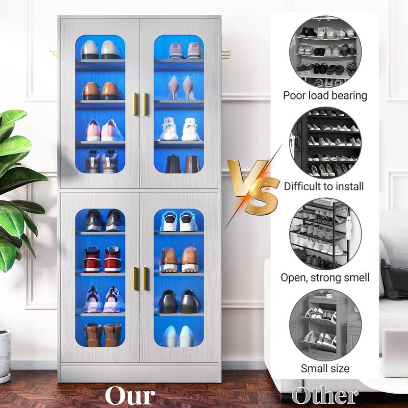 8-Tier Shoe Cabinet with LED Light, 32 Pairs Tall Shoe Storage Organizer with Side Hooks