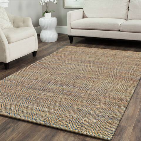 Ox Bay Organic Jute Geometric Area Rug, Natural and Blue