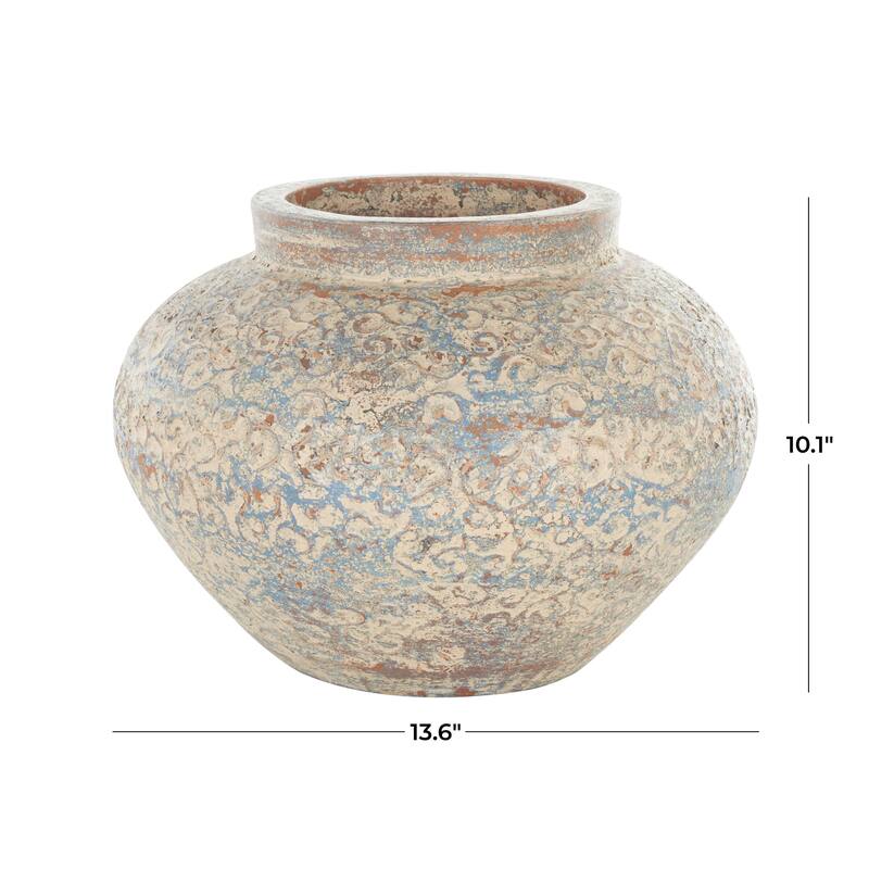 Ceramic Scroll Handmade Antique Style Wide Rounded Decorative Vase with Blue and Copper Accents - Beige - Roche River Decor