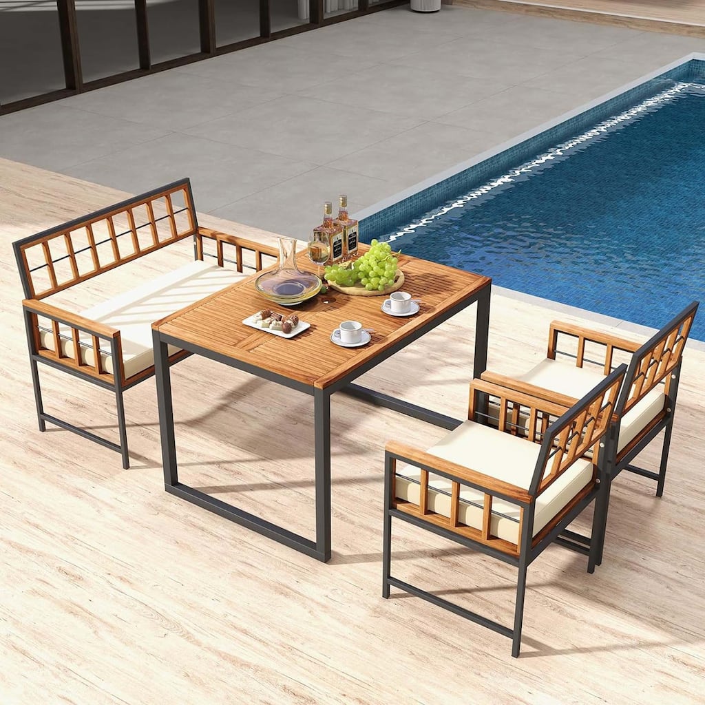 4 PCS Wood Patio Dining Set Outdoor Table and Chairs w/Cushions