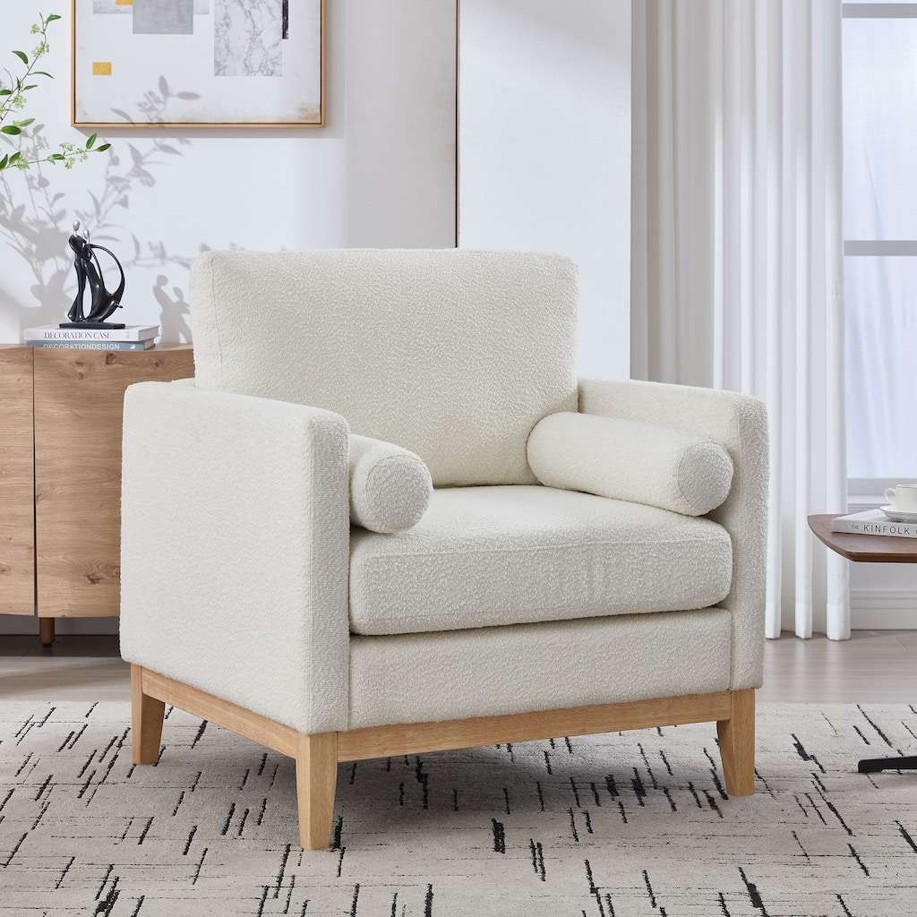 Modern Accent Chair with Wood Base, Boucle Upholstered Armchair with 2 Bolster Pillows, Single Sofa Chair for Living Room