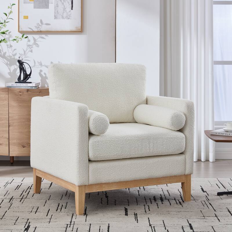 Roomfitters Boucle Accent Chair, Modern Farmhouse Armchair with Natural Wood Base and Bolster Pillows for Living Room or Office - Ivory+Brown