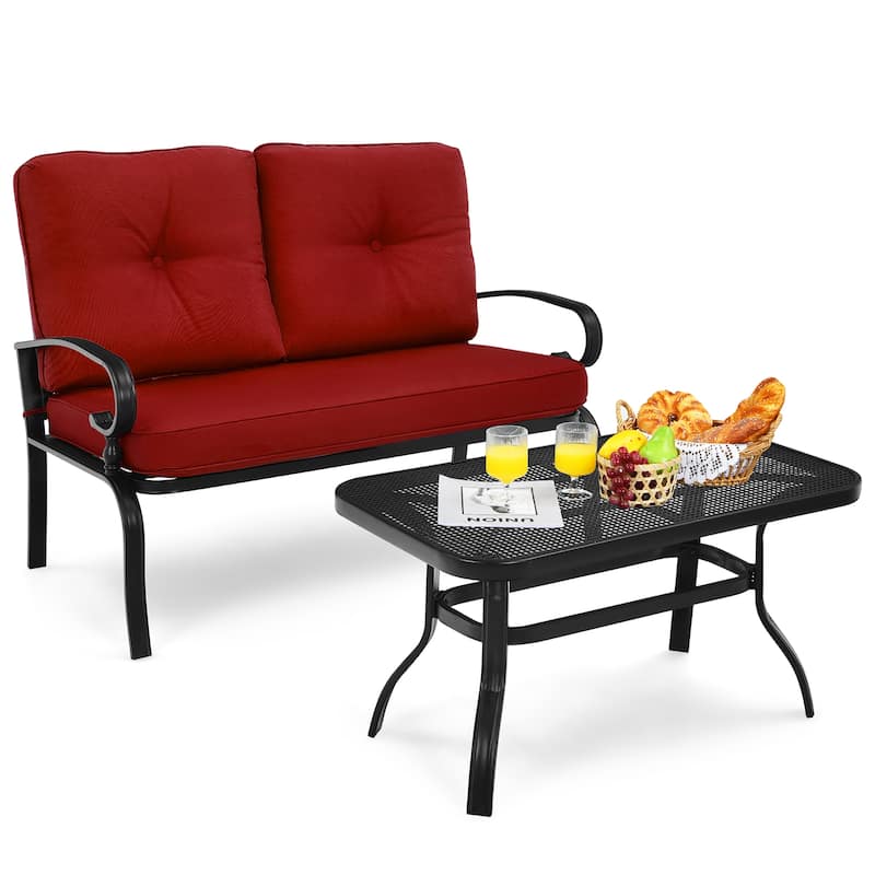 2PCS Patio Loveseat Bench Table Furniture Set Cushioned Chair