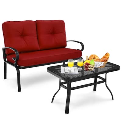 2PCS Patio Loveseat Bench Table Furniture Set Cushioned Chair