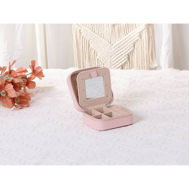 Travel Size Jewelry Box, Small Portable Jewelry Case with Mirror, 2 Layer PU Leather Mini Jewelry Organizer - 10x10x5cm