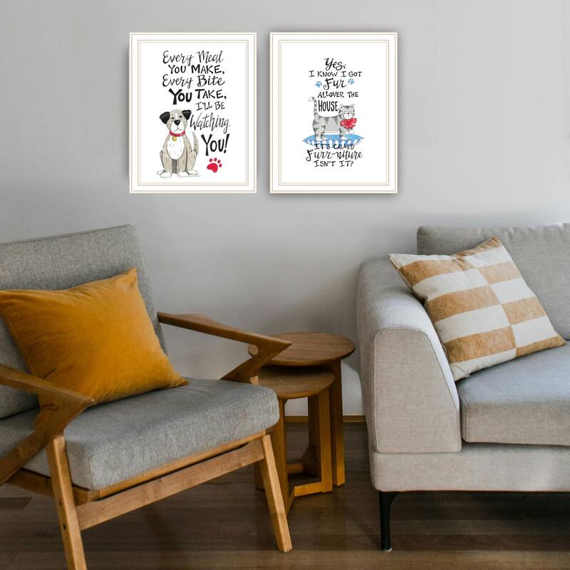 2-Piece Framed Wall Art Set - Humorous "It's Called Furr-niture, Isn't It?", White Frame