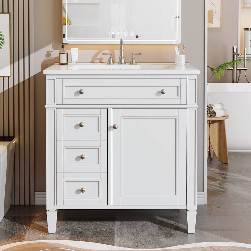 36'' Freestanding Bathroom Vanity with Integrated Ceramic Sink, Tip-Out Drawer, Door Organizer - White - 30"