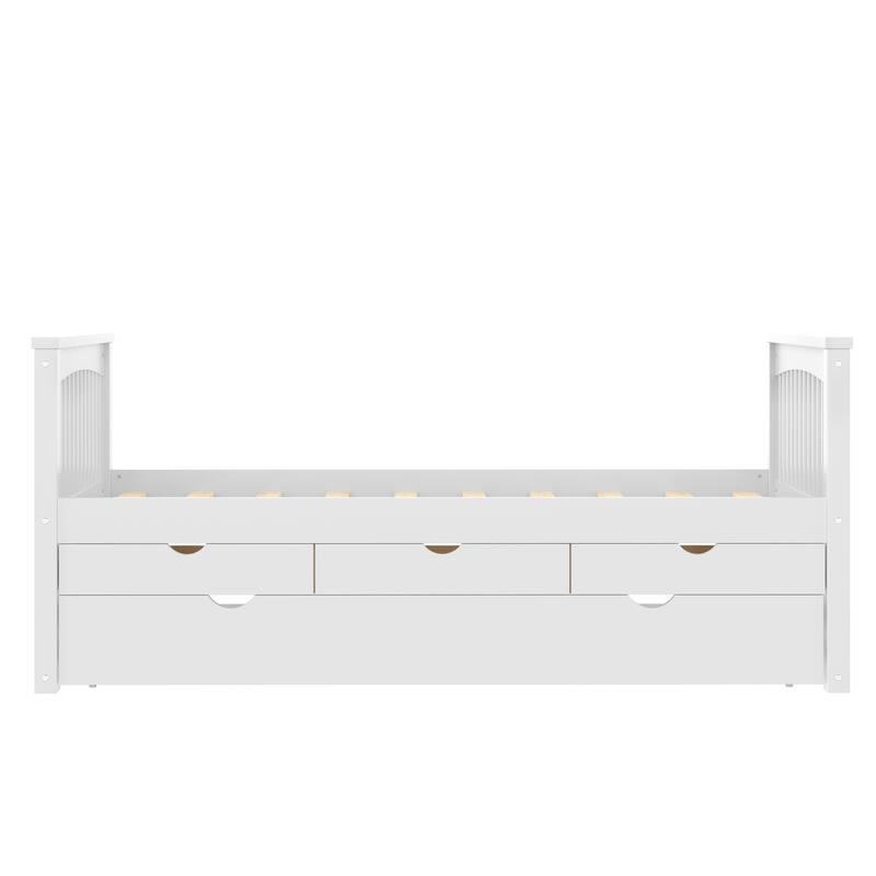 Twin Platform Bed with Drawers and Trundle, Solid Wood Daybed, No Spring Box Needed