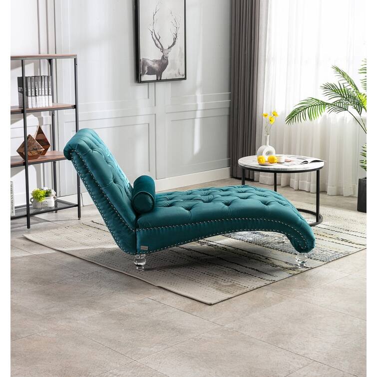 Velvet Chaise Lounge Chair with Toss Pillow,Tufted Button Lounge Chair with Acrylic Legs,Teal