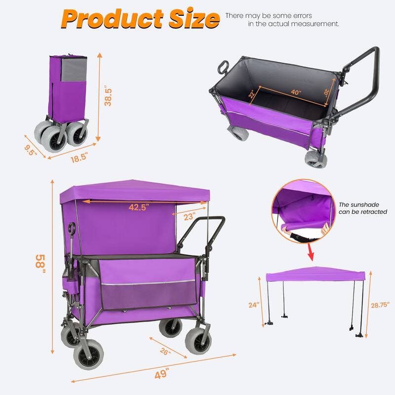 Multi-Functional Push-Pull Folding Wagon Cart with Rotating Handle & Canopy, 9"x4" Beach Tires, 300L Large Capacity