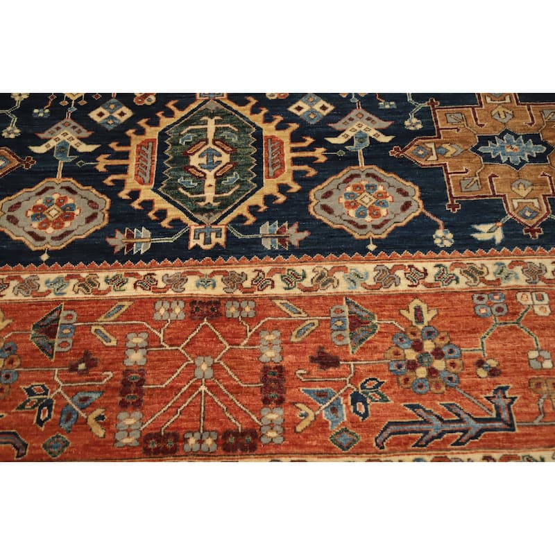 Hand Knotted Oriental 100% Wool Carpet Traditional All-Over Navy Blue & Blues Heriz (serapi) Area Rug - 13' 8'' X 10' 1''