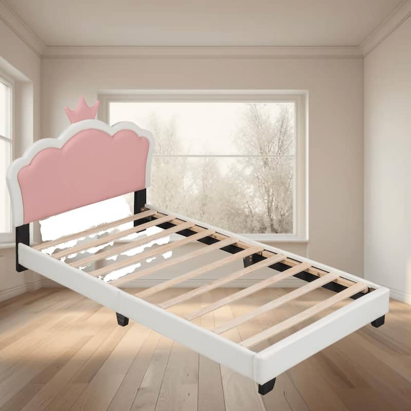 Twin Size Upholstered Princess Platform Bed with Crown Headboard and Footboard, Cute Design, Solid Construction, Easy Assembly - White - Twin