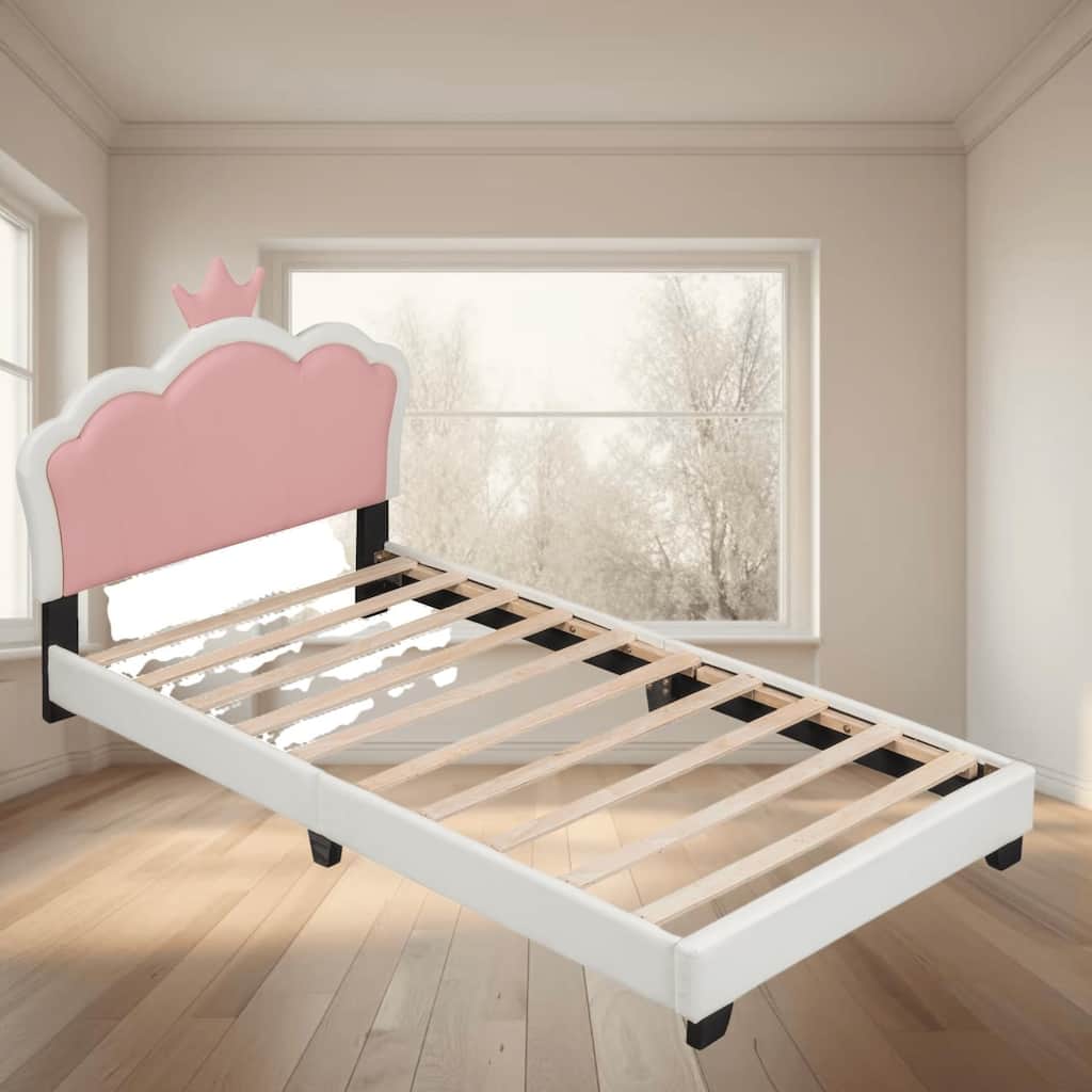 Twin Size Upholstered Princess Platform Bed with Crown Headboard and Footboard, Cute Design, Solid Construction, Easy Assembly