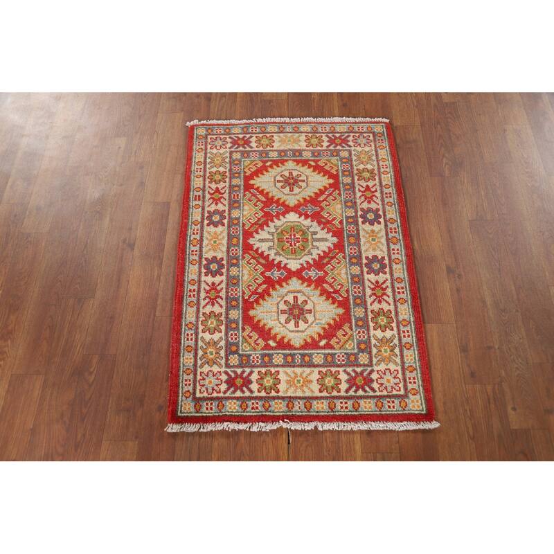 Geometric Kazak Oriental Foyer Rug Handmade Red Wool Carpet - 2'0" x 2'11"