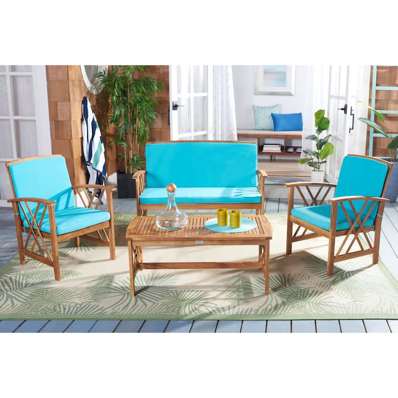 SAFAVIEH Outdoor Fontana 4-piece Acacia Wood Patio Conversation Set - Natural/Aqua