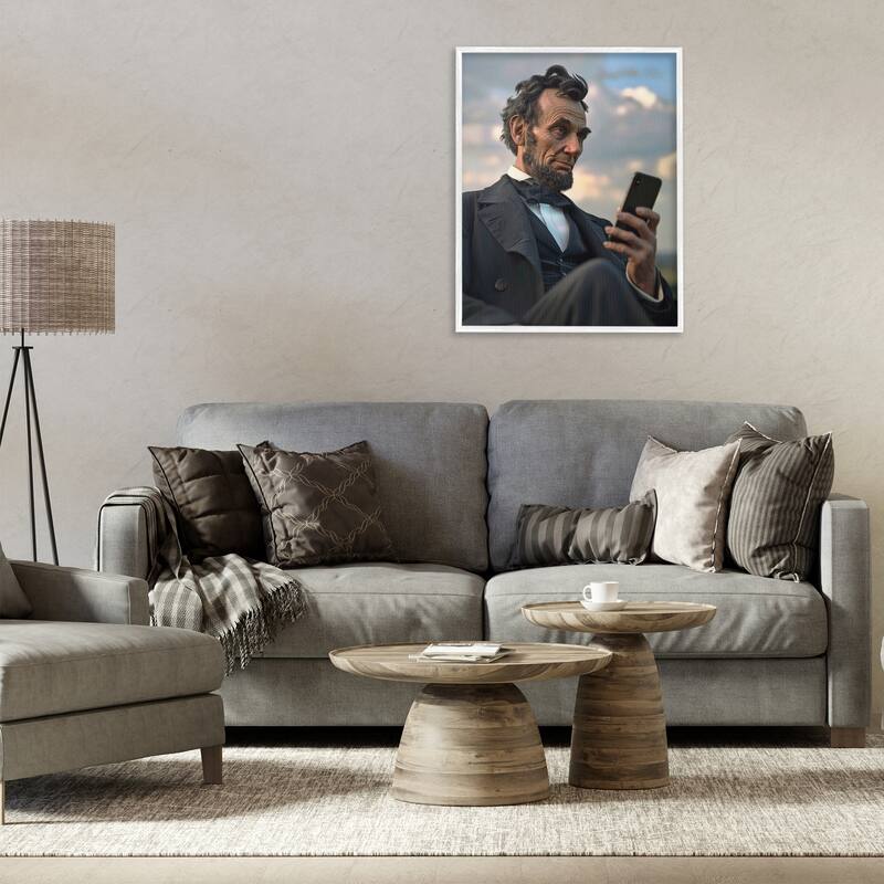 Stupell Abe Lincoln with Cellphone Framed Giclee Art Design By Michael McKinney