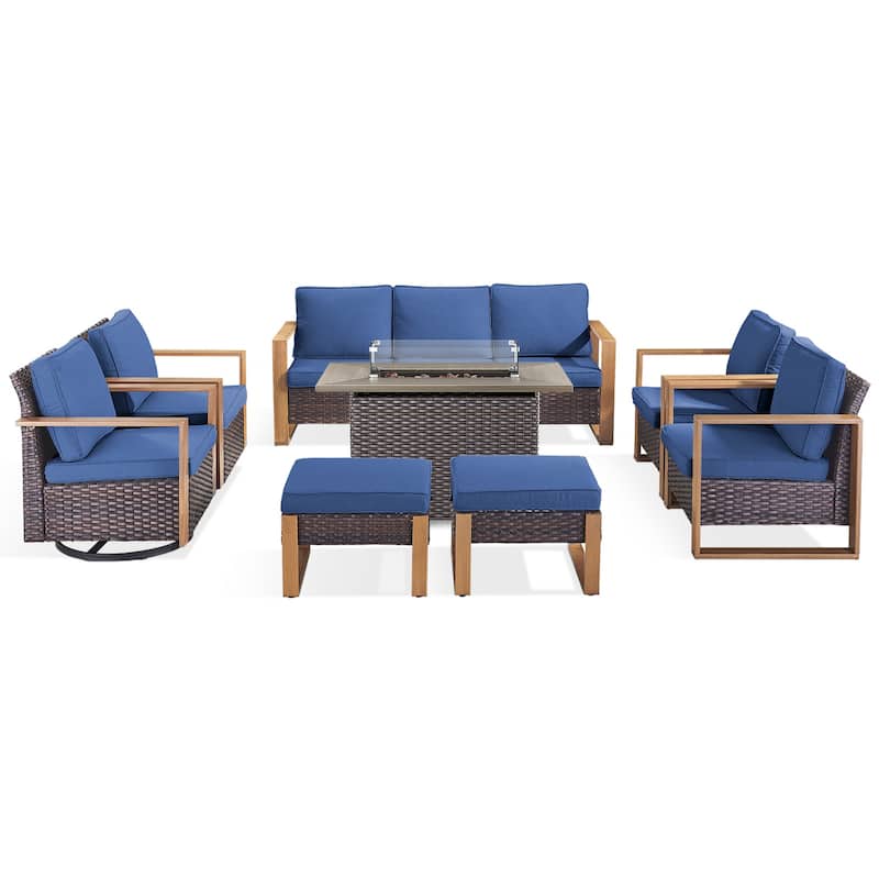 Meyreso Wicker Outdoor Patio Fire Pit Set with Swivel Gliders and Olefin Cushions