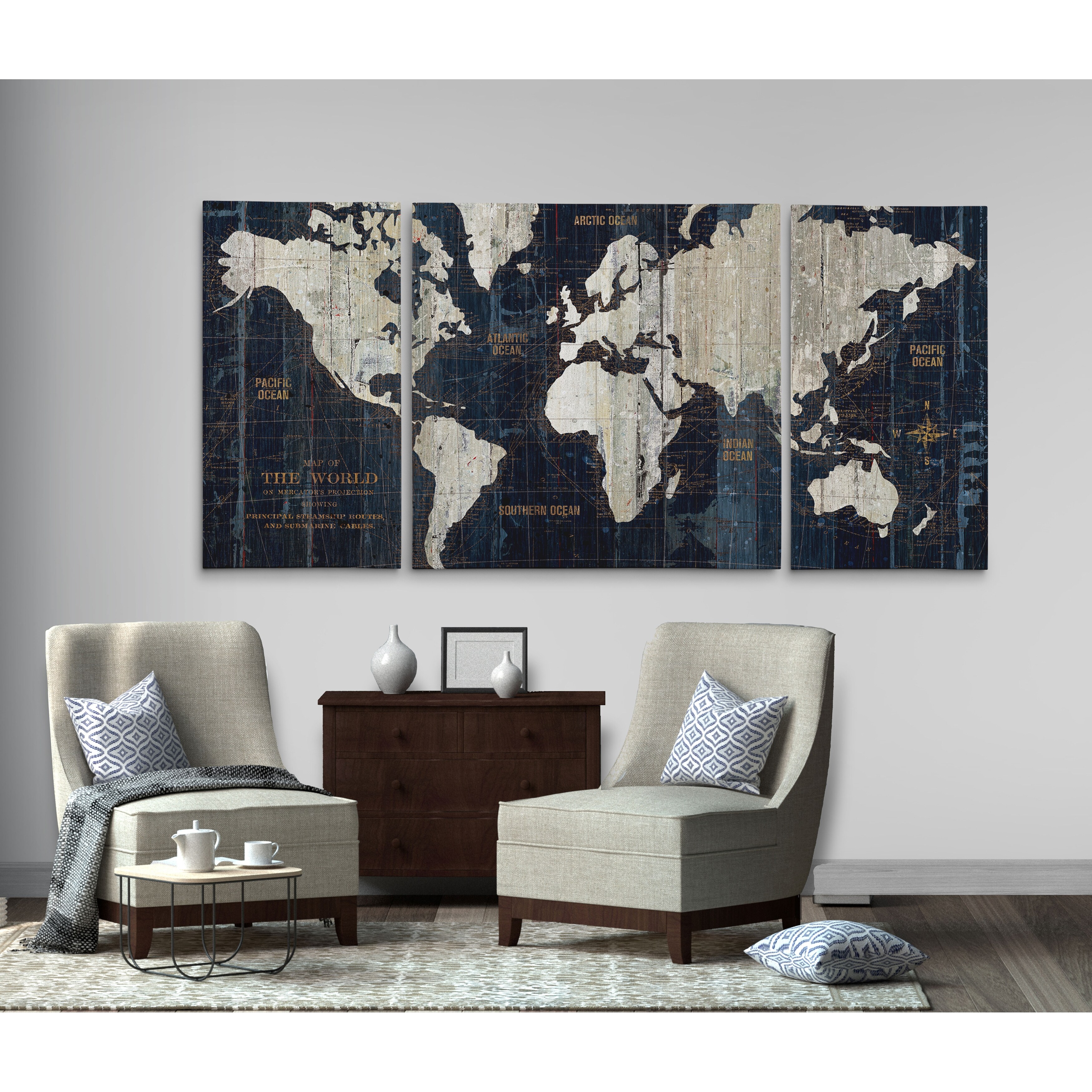 Old World Map Blue' 3-piece Wrapped Canvas Graphic Art Print