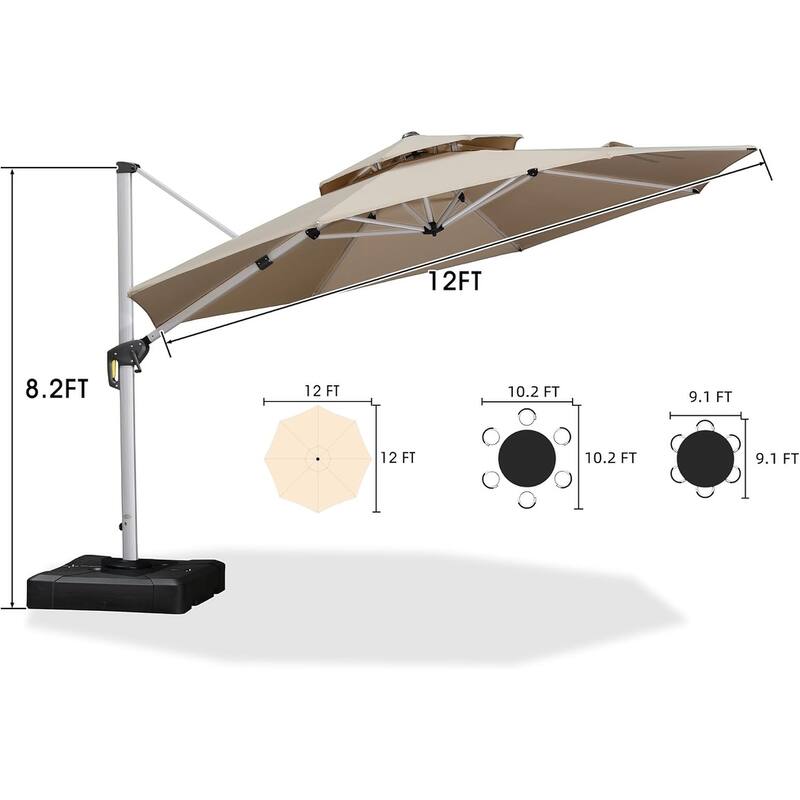 PURPLE LEAF 12ft Large Round Offset Hanging Cantilever Patio Umbrella with Base