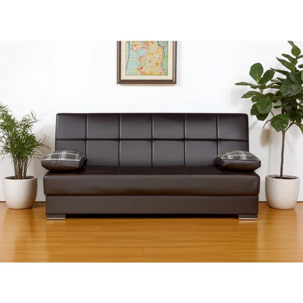 HomeRoots 75" Brown Faux Leather Convertible Futon Sleeper Sofa And Toss Pillows With Storage