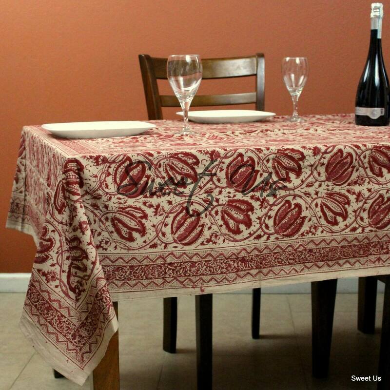Cotton Vegetable Dye Block Print Rustic Vintage Floral Tablecloth - 88 x 104 in - Red