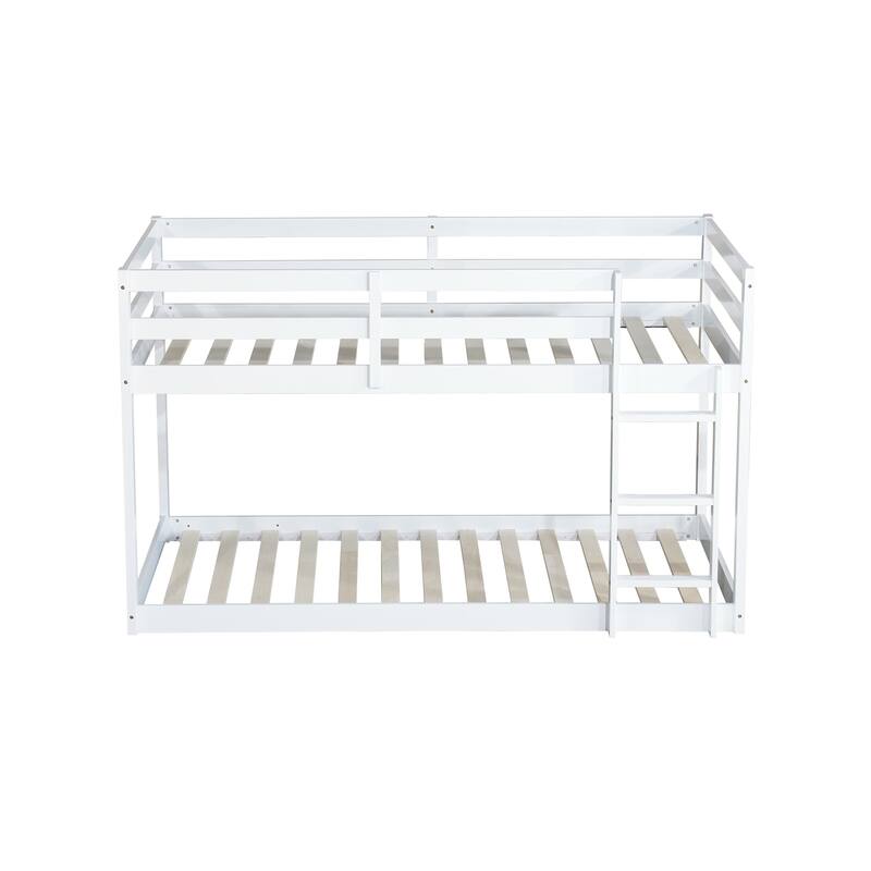 Wooden Twin over Twin Floor Bunk Bed with Ladder ,Upper and Bottom Bed Platforms