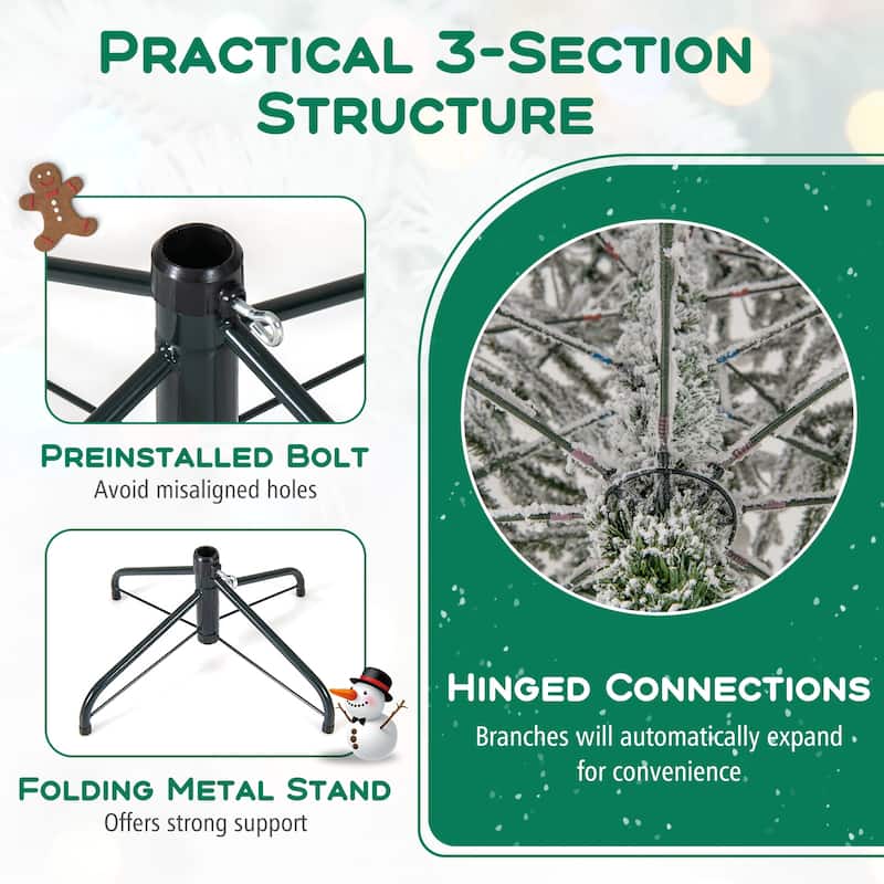 Costway 6/7/8 FT Snow-flocked Artificial Christmas Tree with 51/65/81 - Green & White - See Details