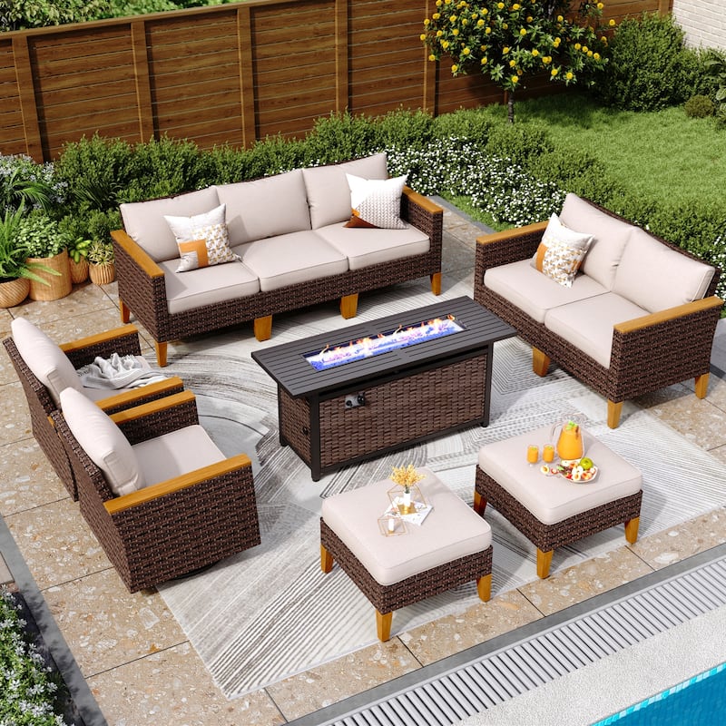 10 Piece Patio Wicker Rattan Furniture Set, Half-Moon Rattan Conversation sets with 2 X Swivel Chair Sofa and Firepit Table - 9-Seat + 56'' Firepit