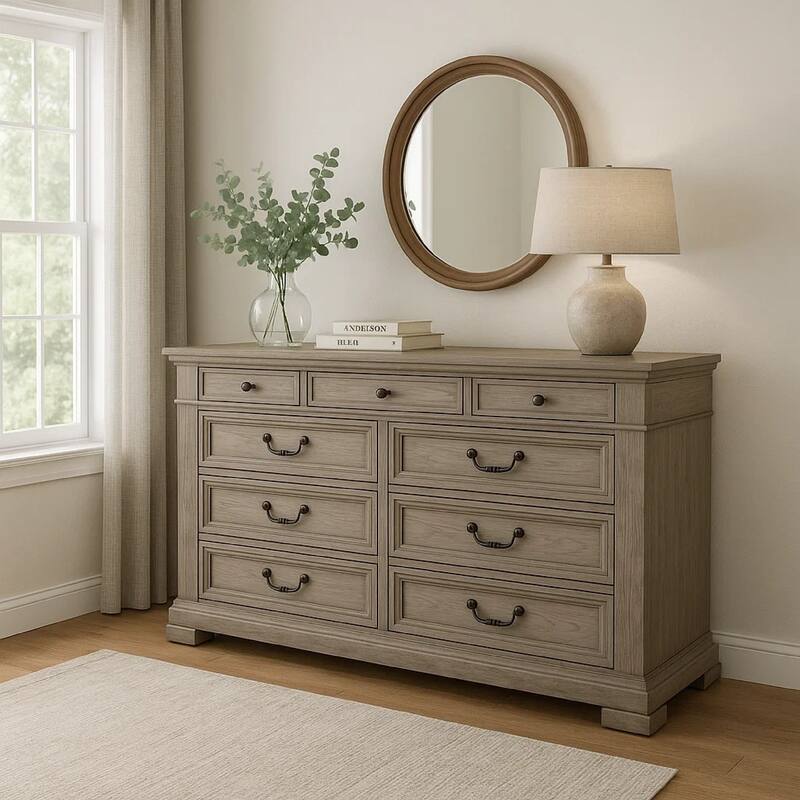 Roi Wide Dresser, 62 Inch, 9 Dovetail Drawers, Weathered Gray