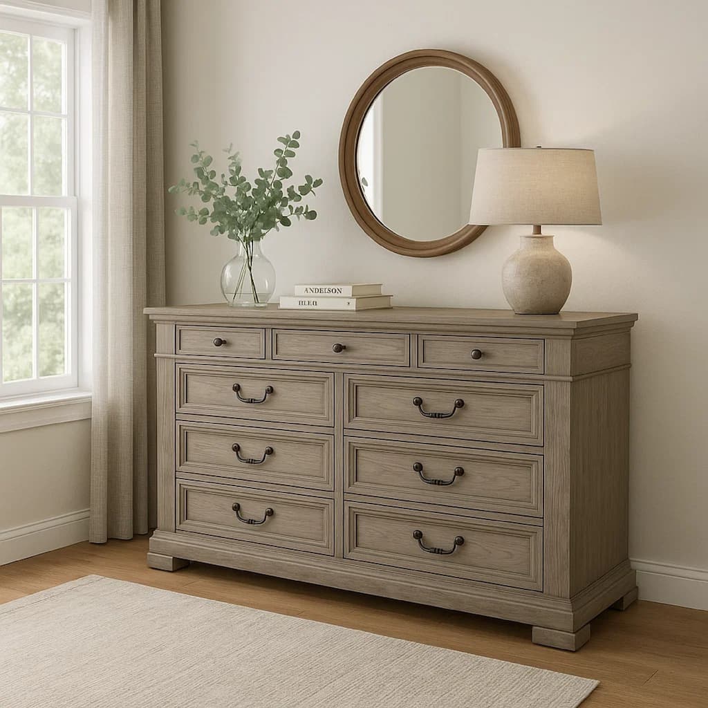 Roi Wide Dresser, 62 Inch, 9 Dovetail Drawers, Weathered Gray