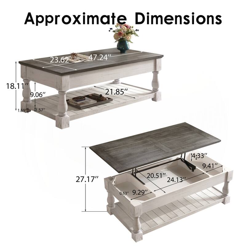 Farmhouse Lift Top Coffee Table with Fixed Shelf - 3 Hidden Storage Trays
