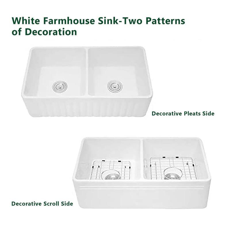 Ceramic Double Bowl Farmhouse Kitchen Sink with Sink Grid and Basket Strainer Bed Bath