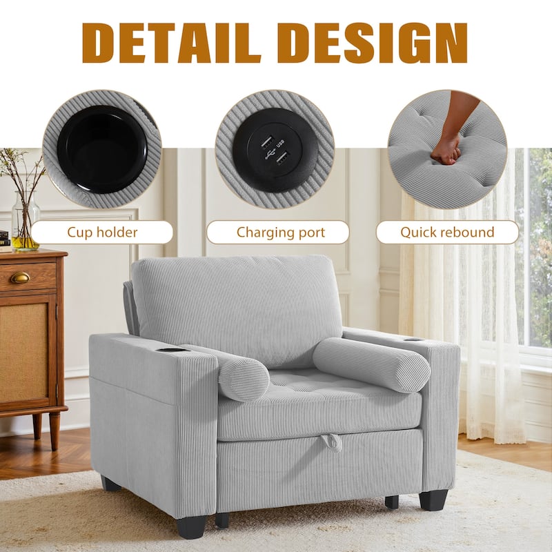 2 Set 3-in-1 Adjustable Recline Convertible Chair Bed Sleeper with USB Port